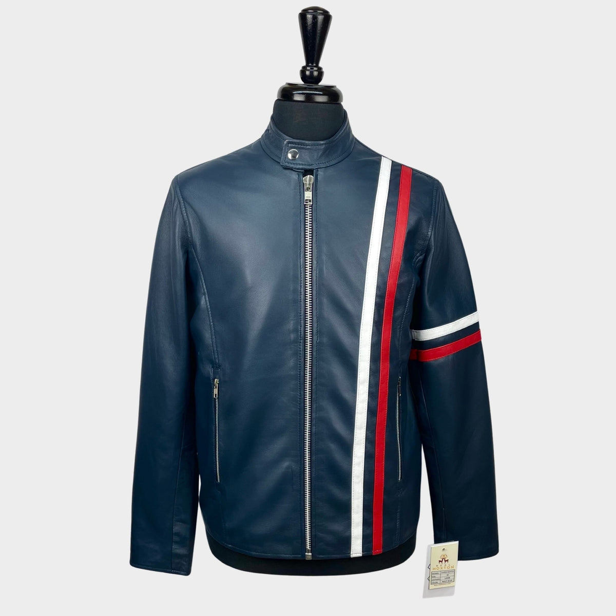 Real Hoxton Navy Cafe Racer Rally Leather Jacket